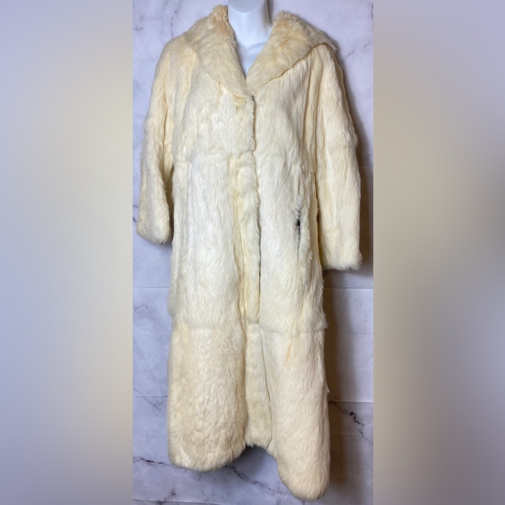 Vintage 80s Hooded Long Fur Coat Overcoat Womens Med Rabbit Coat City Fur